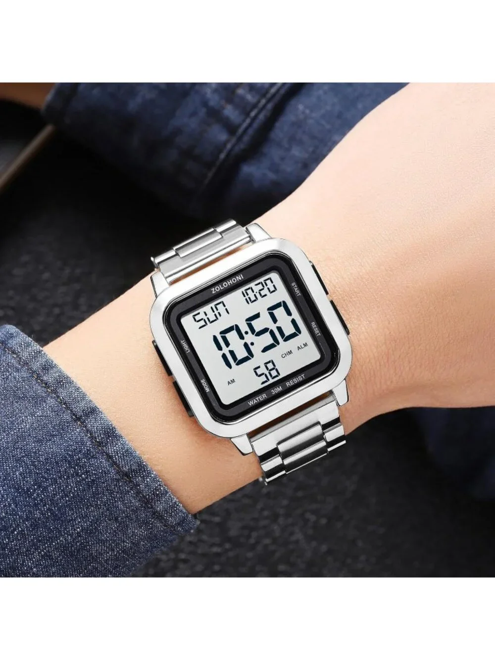 Men's Silver Analog Quartz Stainless Steel Waterproof Square LED Digital Watch